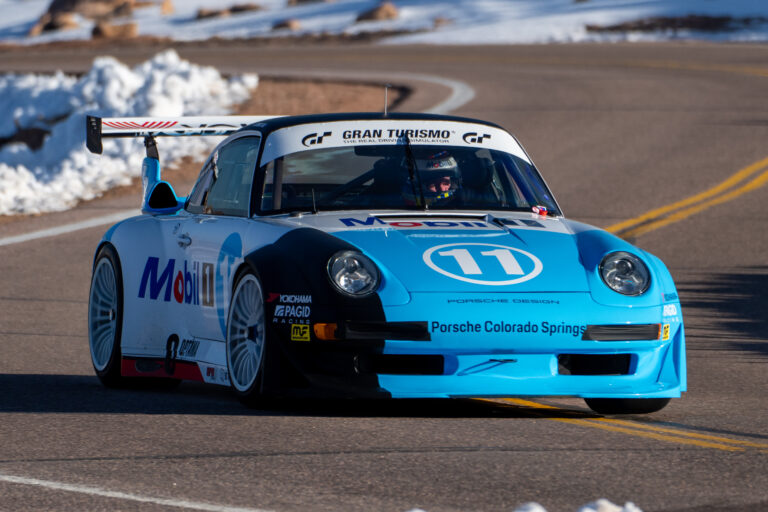 Legendary driver Jeff Zwart racing his Porsche 935 at Pikes Peak, captured during the International Hill Climb.