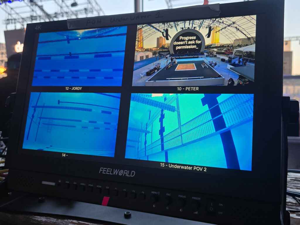 Production monitor showing multiple underwater camera feeds during the Enhanced Games.
