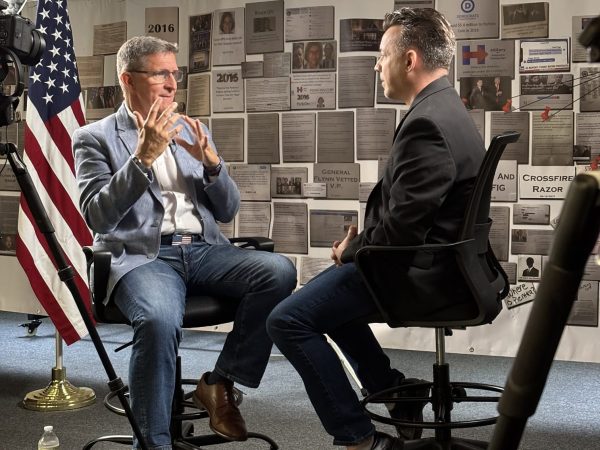 General Mike Flynn seated for a professionally lit multi-camera interview.