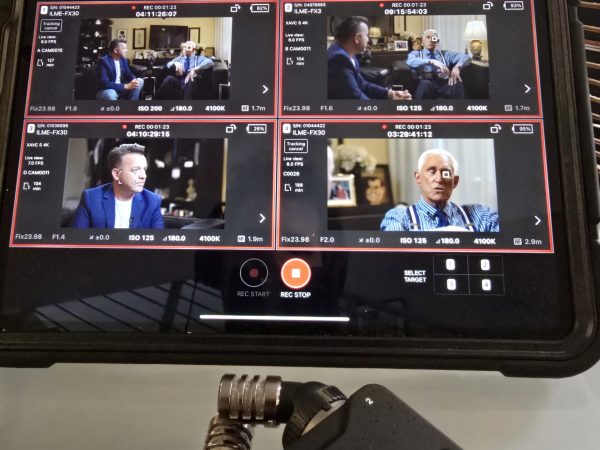 Multiview display showing several synchronized camera feeds from a Roger Stone interview.
