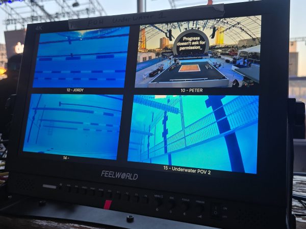 Production monitor showing multiple underwater camera feeds during the Enhanced Games.